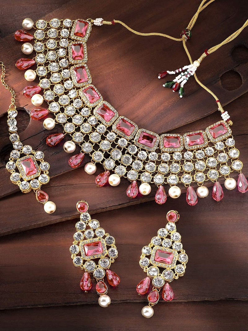 Aheli Kundan and Simulated Colored Stones Maang Tikka Necklace and Earrings Set Indian Festive Fashion Bharatanatyam jewellery set Gift for Women - Image 5